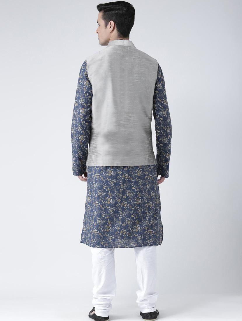 men blue & white floral printed kurta jacket & pyjama set - 21079615 - Standard Image - 3