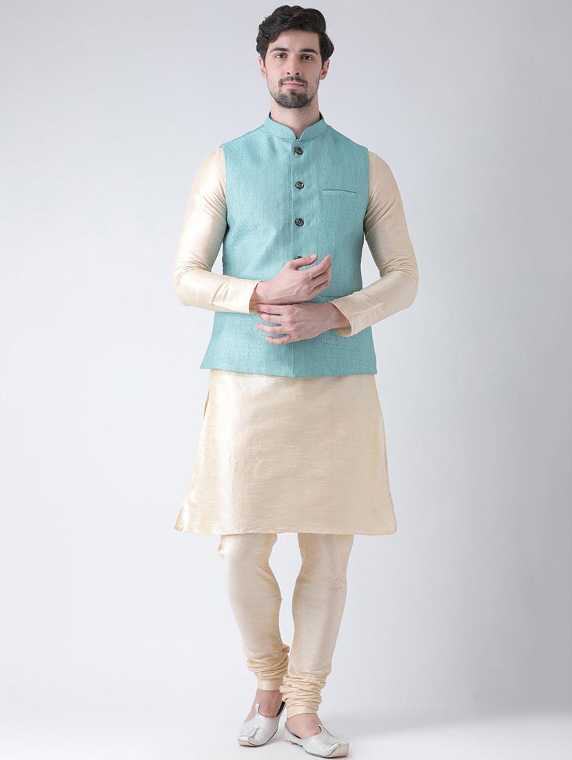men off white & blue kurta jacket & pyjama set - 21079663 - Zoom Image - 0