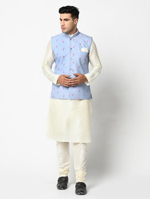 men blue & white printed kurta jacket & pyjama set - 21079692 - Standard Image - 0