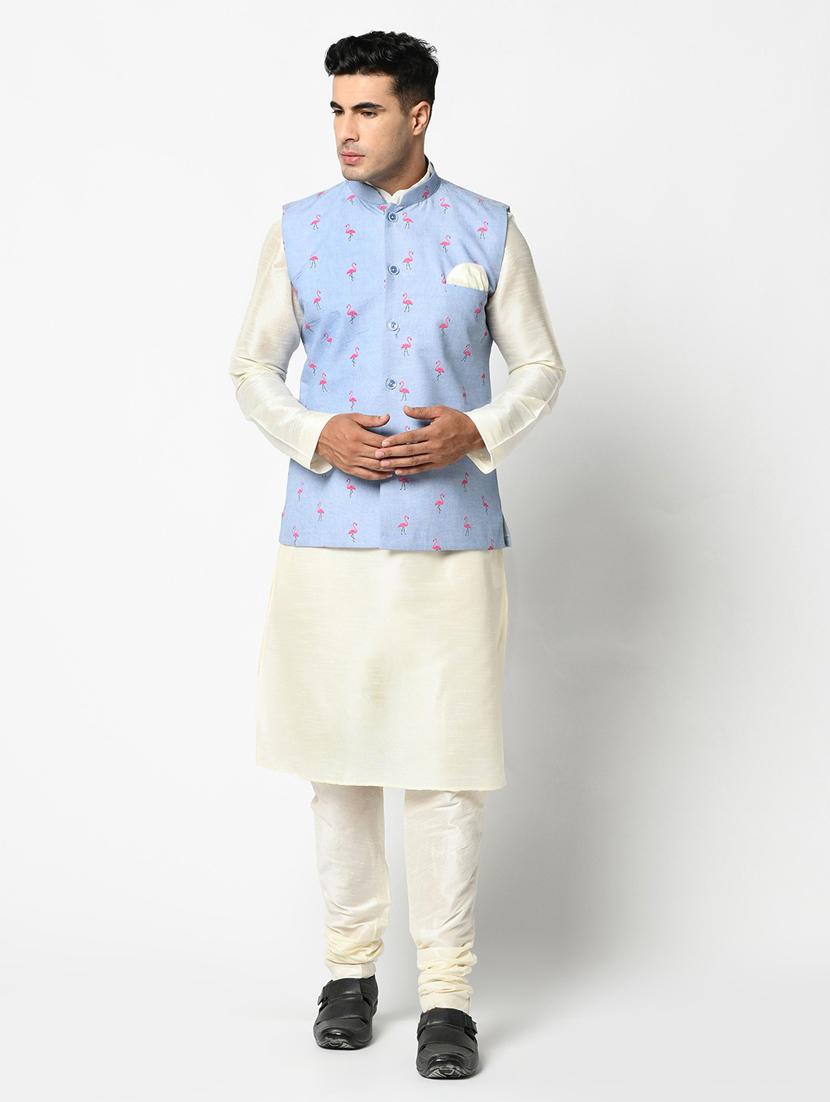 men blue & white printed kurta jacket & pyjama set - 21079692 - Zoom Image - 0