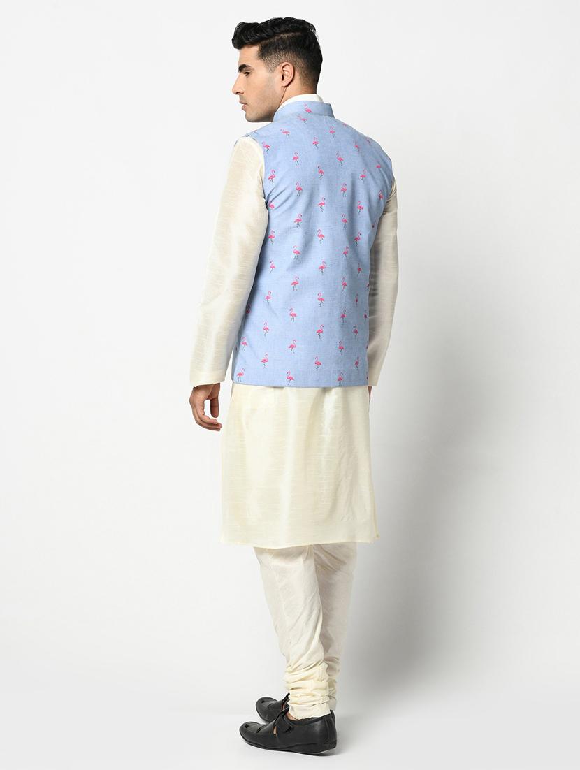 men blue & white printed kurta jacket & pyjama set - 21079692 - Standard Image - 3