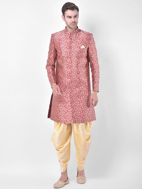 men long sleeve self design sherwani set - 21080107 -  Standard Image - 0
