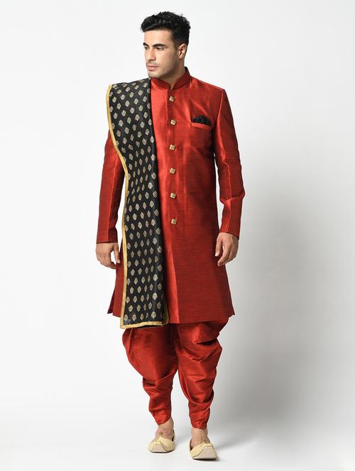 men long sleeve self design sherwani set - 21080119 - Standard Image - 0