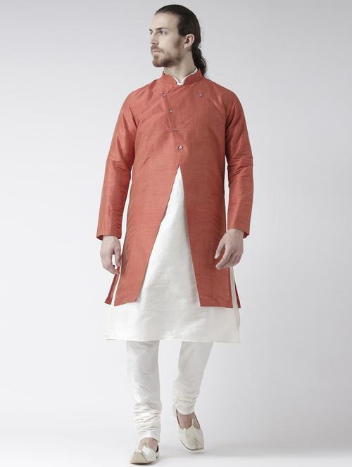 men white & brown kurta jacket & churidar set - 21080256 - Standard Image - 0
