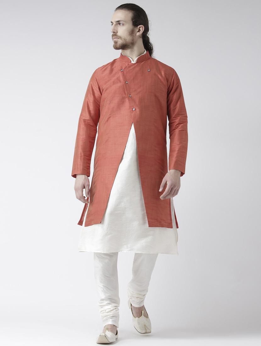 men white & brown kurta jacket & churidar set - 21080256 - Zoom Image - 0