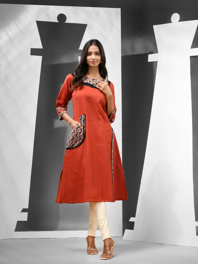 women red three quarter sleeves a-line kurta - 21081776 - Zoom Image - 0