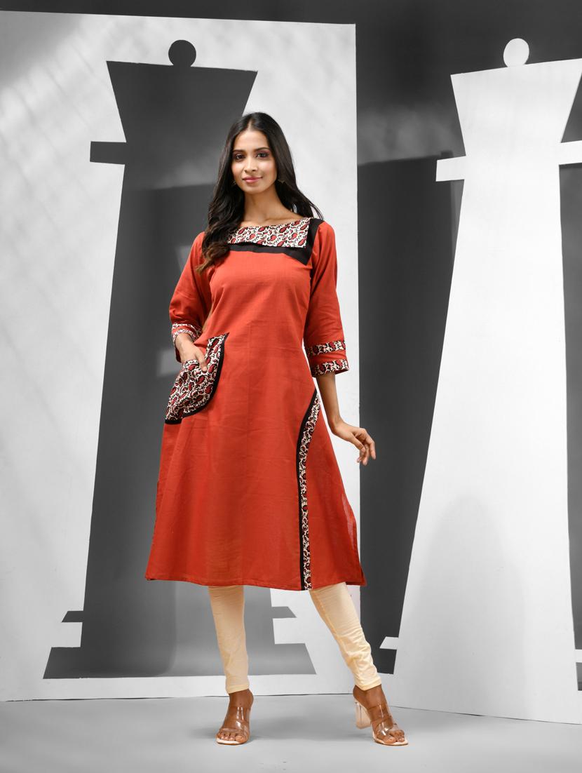 women red three quarter sleeves a-line kurta - 21081776 - Standard Image - 3
