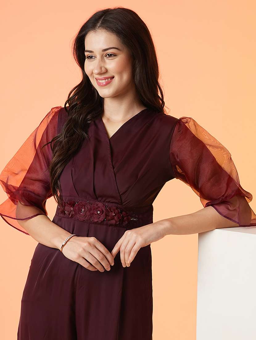 globus women purple floral applique waist wrap neck puffed sleeves party jumpsuit - 21081834 -  Standard Image - 3