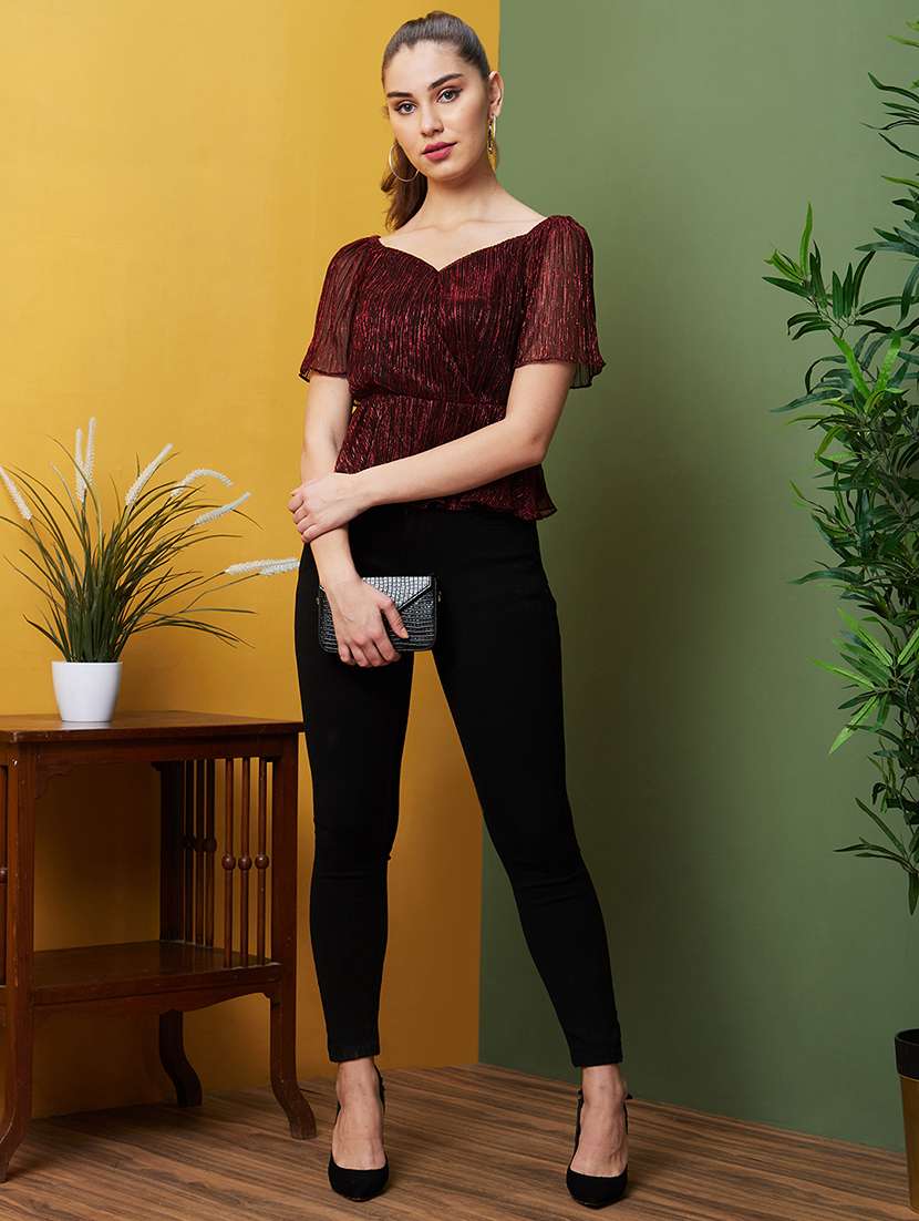 globus women red sweetheart neck raglan sleeves cinched waist shiny party top - 21081858 -  Standard Image - 3