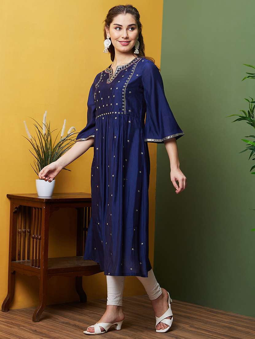 Women Navy Blue Notch Neck A Line Kurta