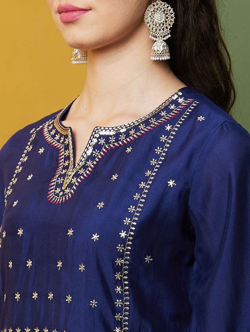 Women Navy Blue Notch Neck A Line Kurta