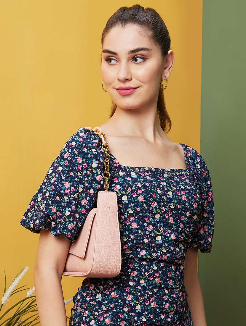 globus women navy floral printed square neck puff sleeves smocked front slit midi sheath dress - 21082063 -  Standard Image - 3