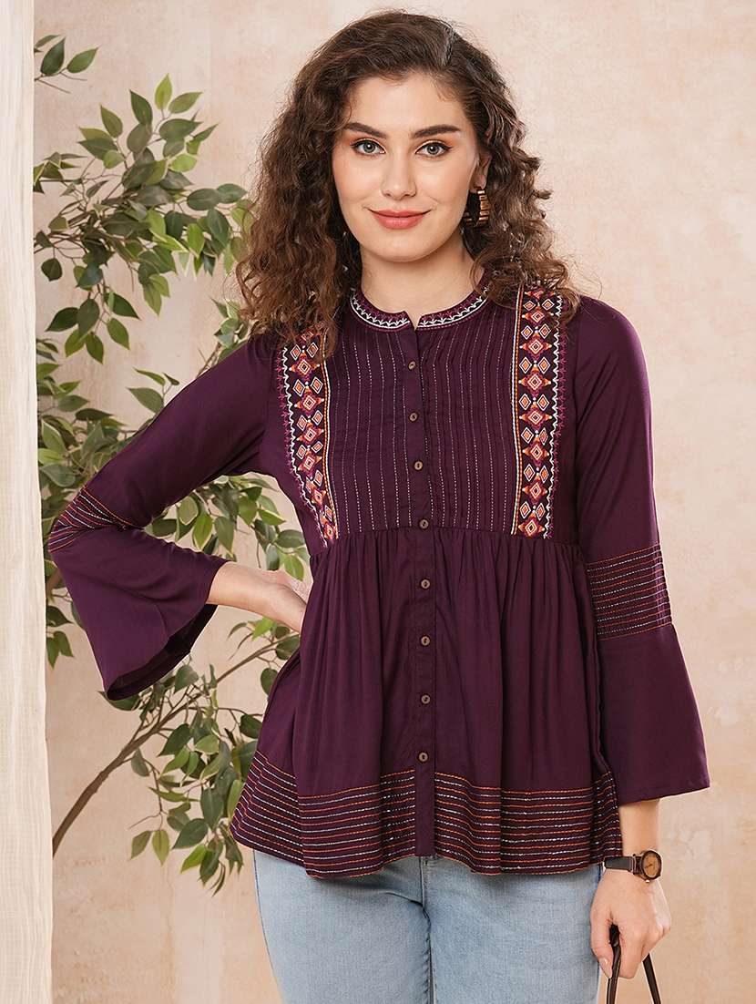 women burgundy mandarin neck top