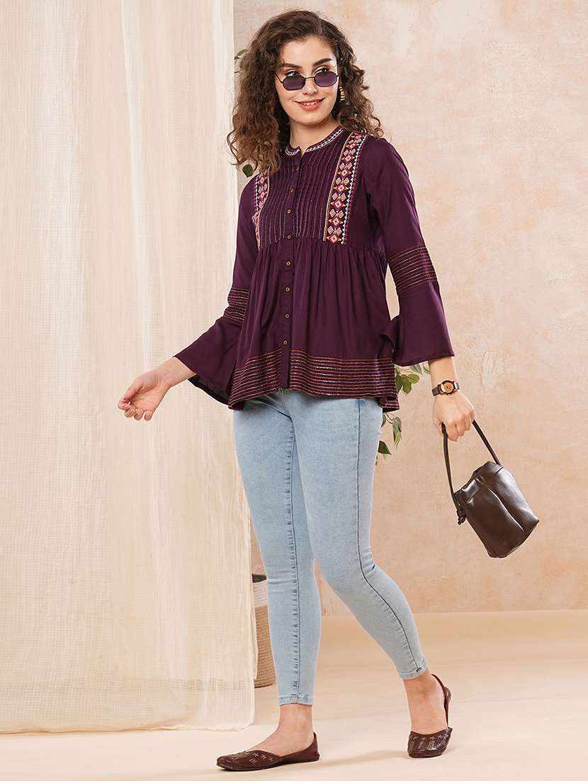 women burgundy mandarin neck top - 21082079 - Standard Image - 3