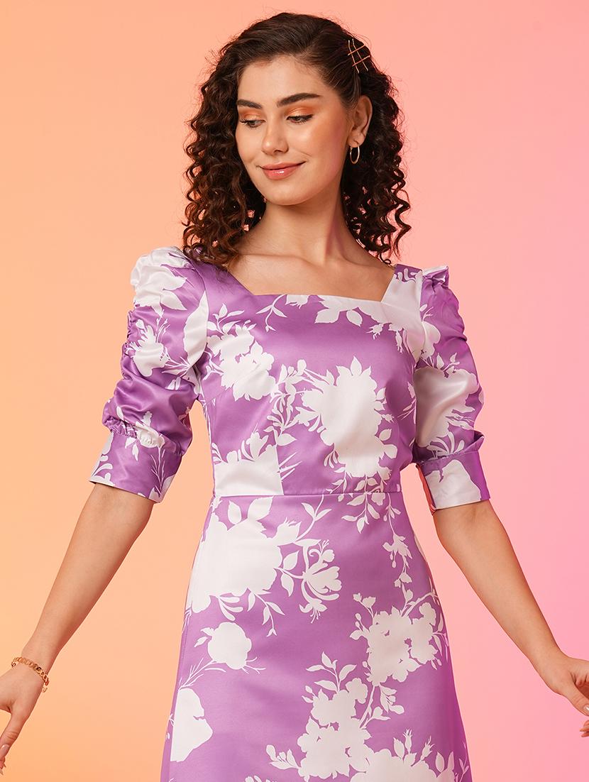 globus women lavender floral printed square neck puff sleeves smocked a-line midi dress - 21082089 - Standard Image - 3