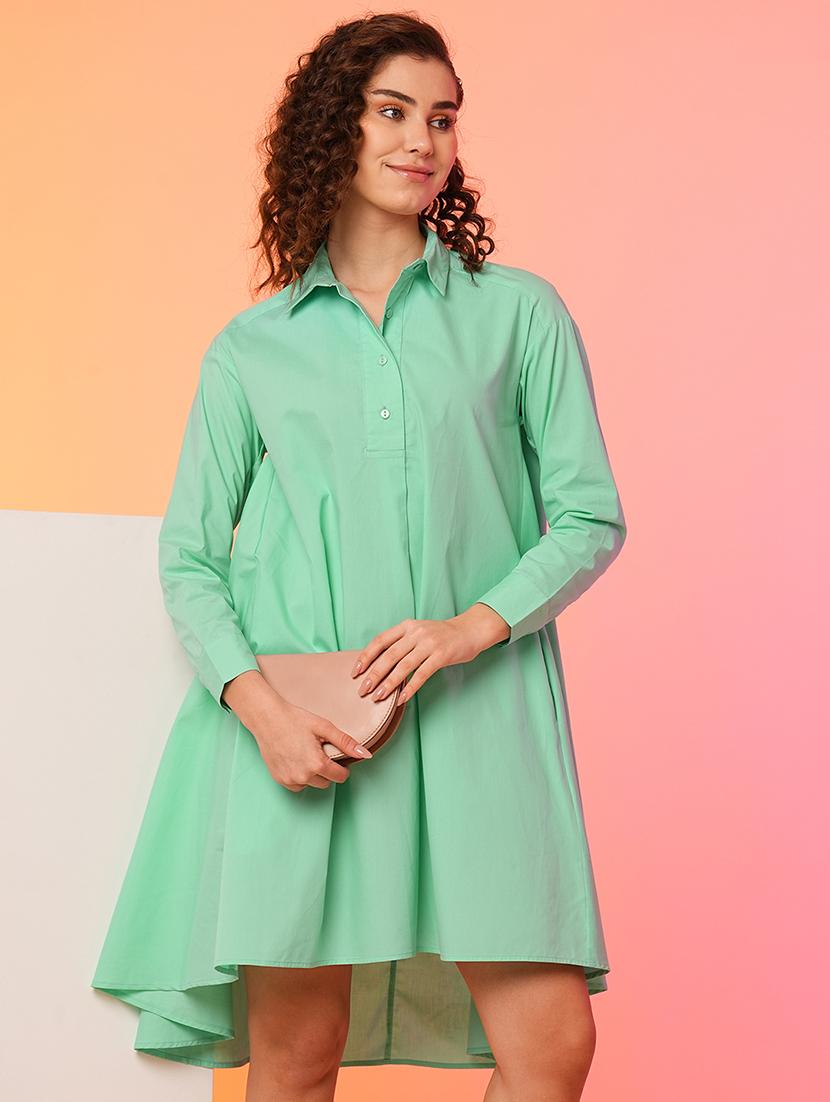 green cotton high low shirt dress - 21082094 - Standard Image - 3