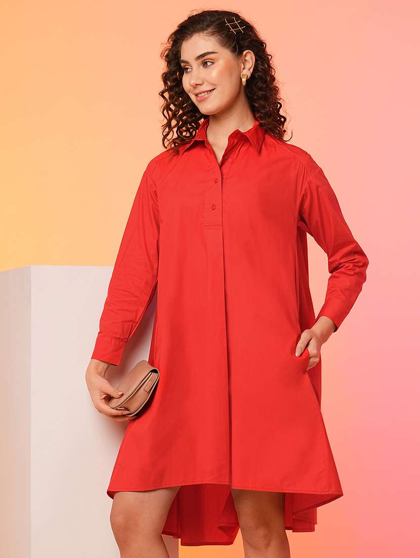 red cotton high low shirt dress - 21082096 -  Standard Image - 3