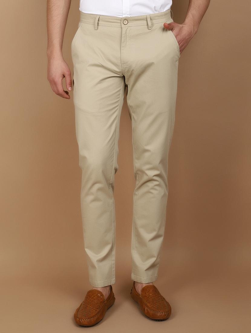 beige cotton flat front casual trousers - 21082156 -  Zoom Image - 0