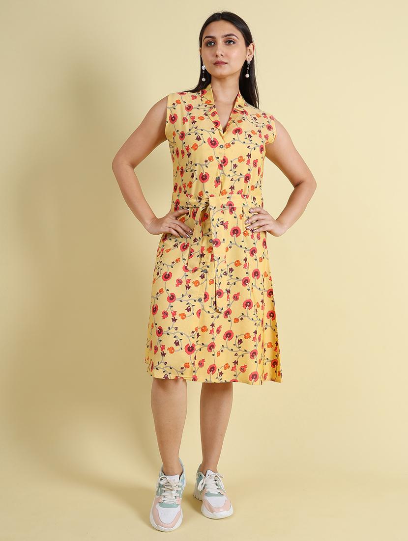 yellow silk blend a-line dress - 21083024 -  Zoom Image - 0