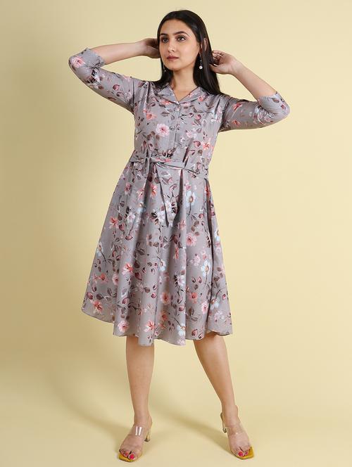 women grey floral fit & flare dress - 21083034 - Standard Image - 0