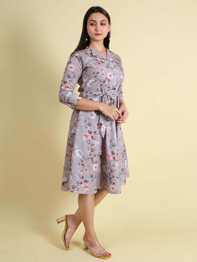 women grey floral fit & flare dress - 21083034 - Standard Image - 3