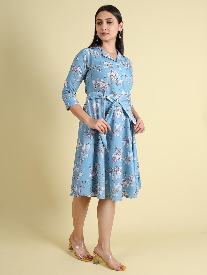 light blue linen fit & flare dress - 21083035 - Standard Image - 3