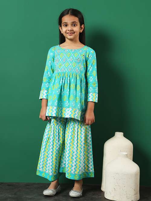turquoise cotton kurta sharara set - 21083059 -  Standard Image - 0