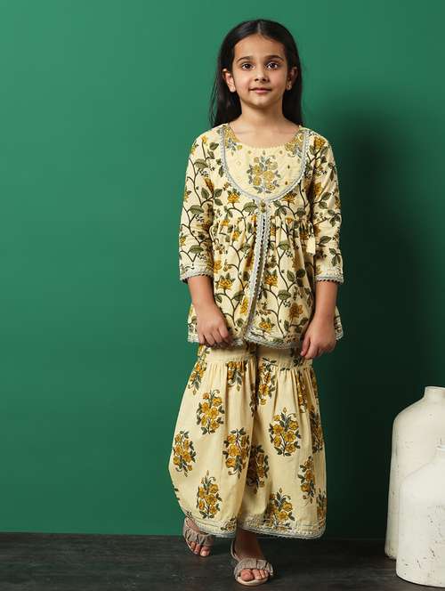 beige cotton kurta sharara set - 21083065 -  Standard Image - 0