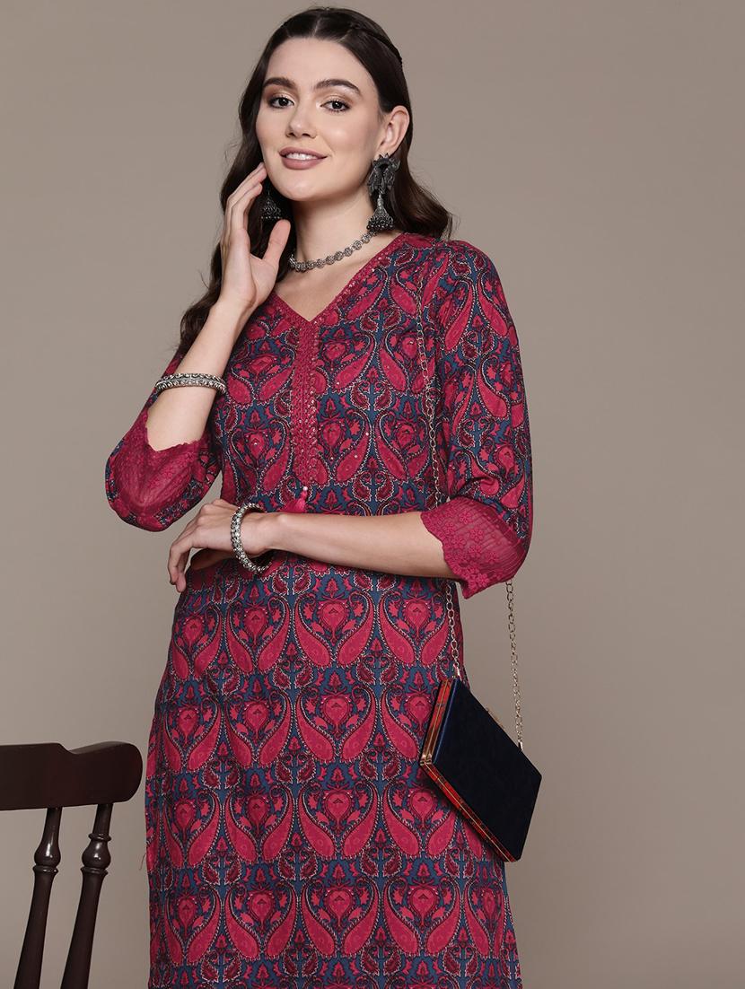 teal blue & pink printed kurta & pants set - 21087663 -  Zoom Image - 0