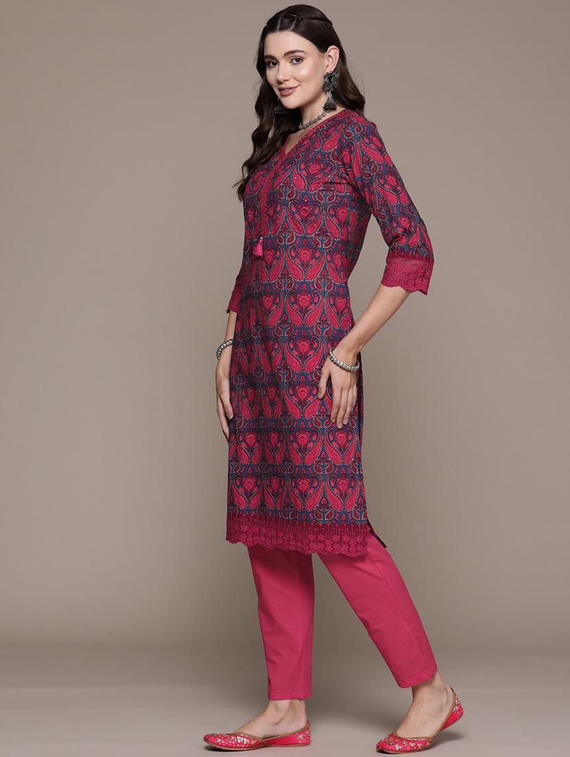 teal blue & pink printed kurta & pants set - 21087663 - Standard Image - 3