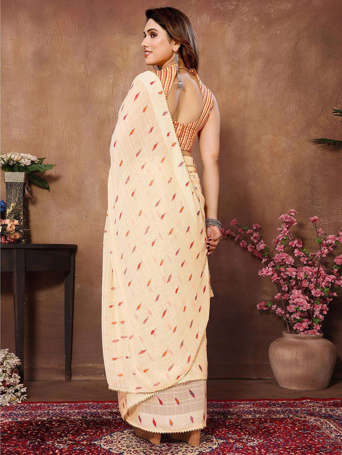 women cream printed lace work saree with blouse - 21093545 -  Standard Image - 3
