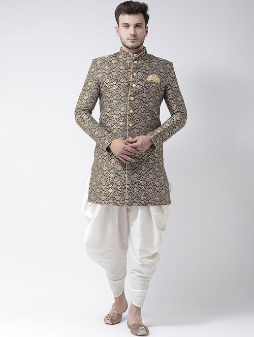 men navy blue self design detailed sherwani - 21097437 -  Standard Image - 0