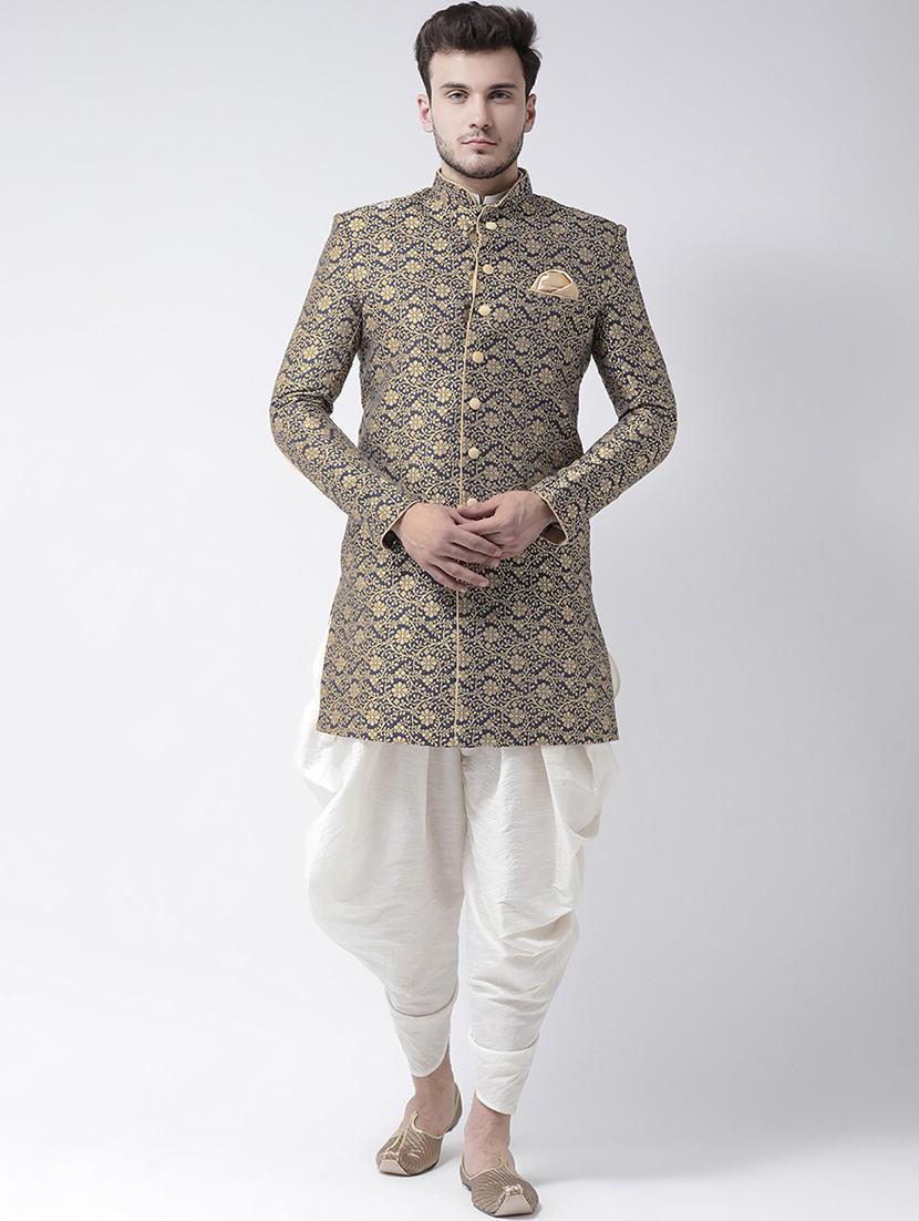 men navy blue self design detailed sherwani - 21097437 -  Zoom Image - 0