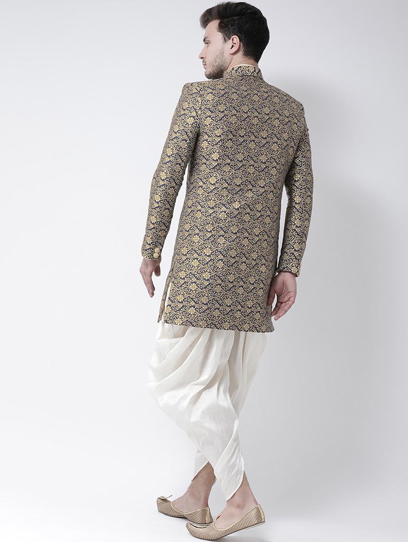 men navy blue self design detailed sherwani - 21097437 - Standard Image - 3