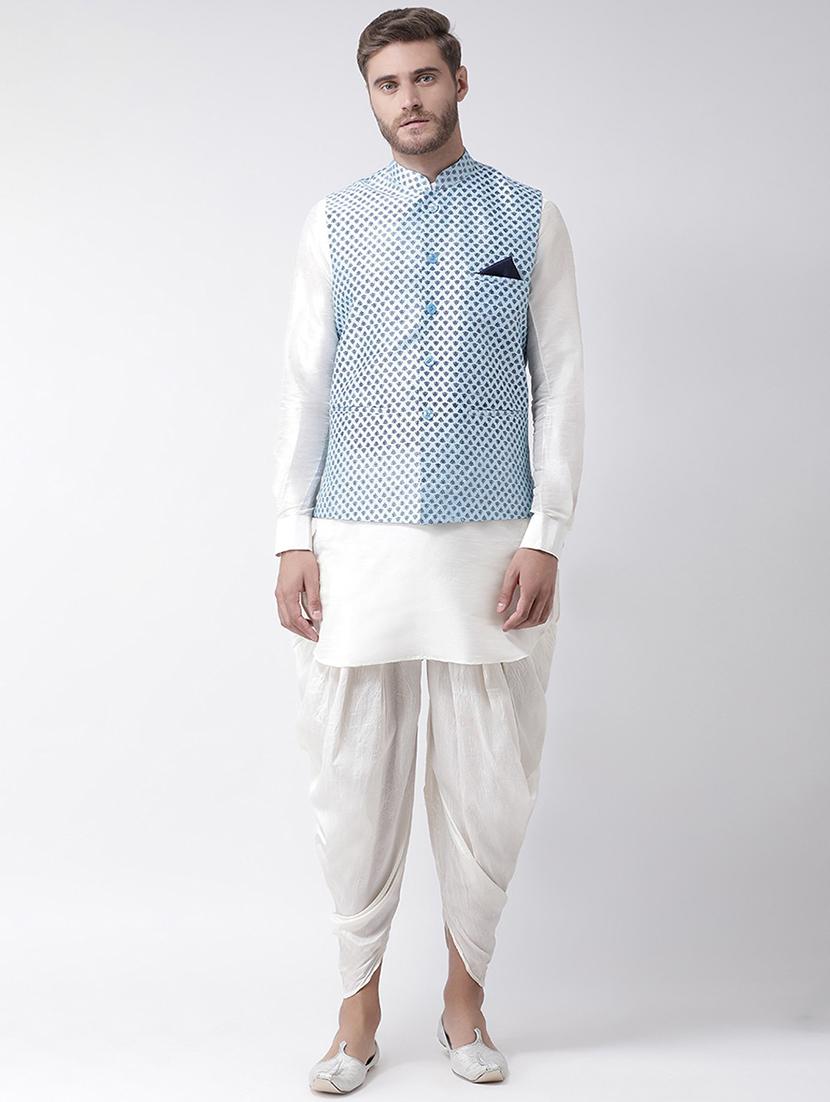 men white & blue printed dhoti kurta set - 21097563 - Zoom Image - 0