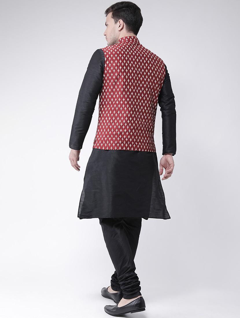 men maroon & black printed kurta pyjama & jacket set - 21097594 - Standard Image - 3