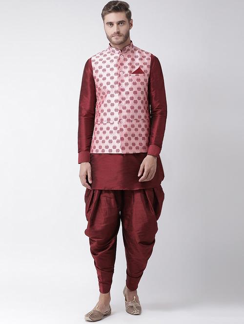 men maroon & pink self design dhoti kurta set - 21097606 - Standard Image - 0