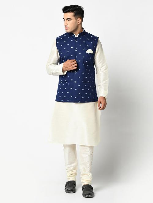 men white & blue printed kurta pyjama & jacket set - 21097766 - Standard Image - 0