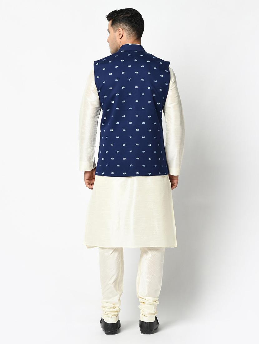 men white & blue printed kurta pyjama & jacket set - 21097766 - Standard Image - 3