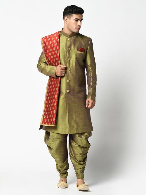 men green & red self design sherwani set - 21098352 -  Standard Image - 0