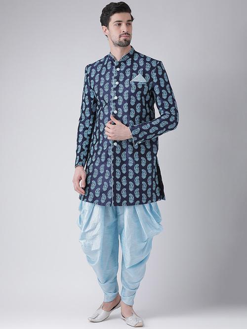 men blue self design sherwani set - 21098406 - Standard Image - 0