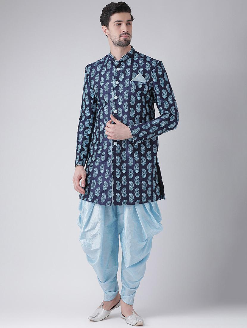 men blue self design sherwani set - 21098406 - Zoom Image - 0