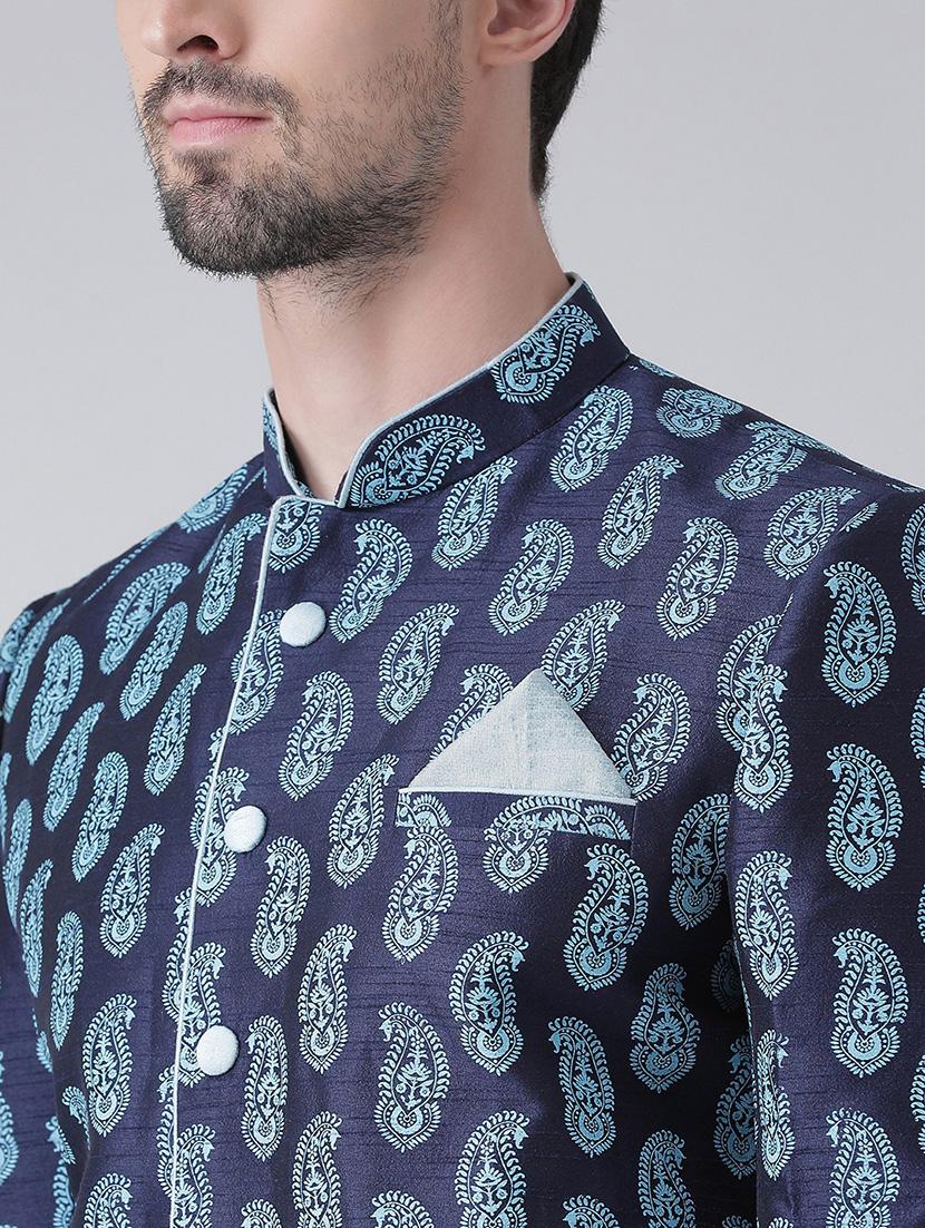 men blue self design sherwani set - 21098406 - Standard Image - 3