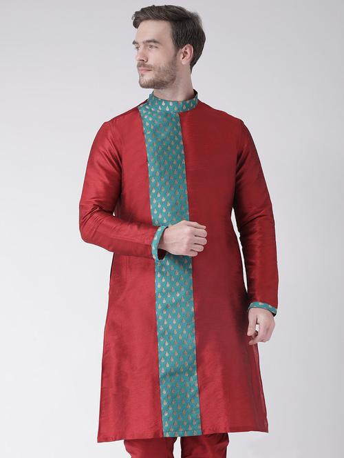 maroon silk blend short kurta - 21098534 - Standard Image - 0