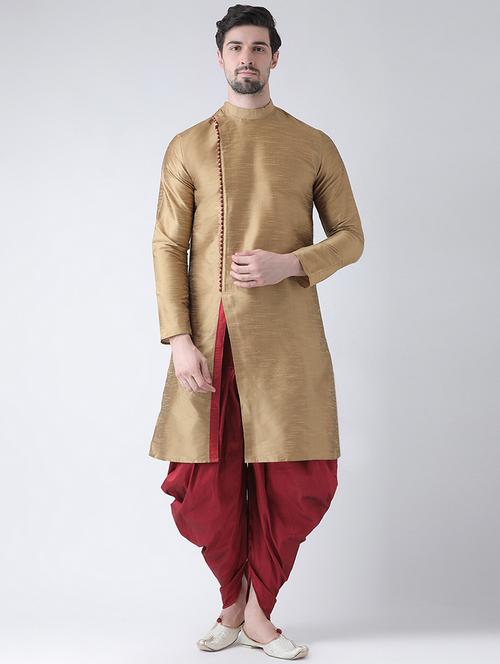 men silk blend long gold kurta - 21098545 - Standard Image - 0