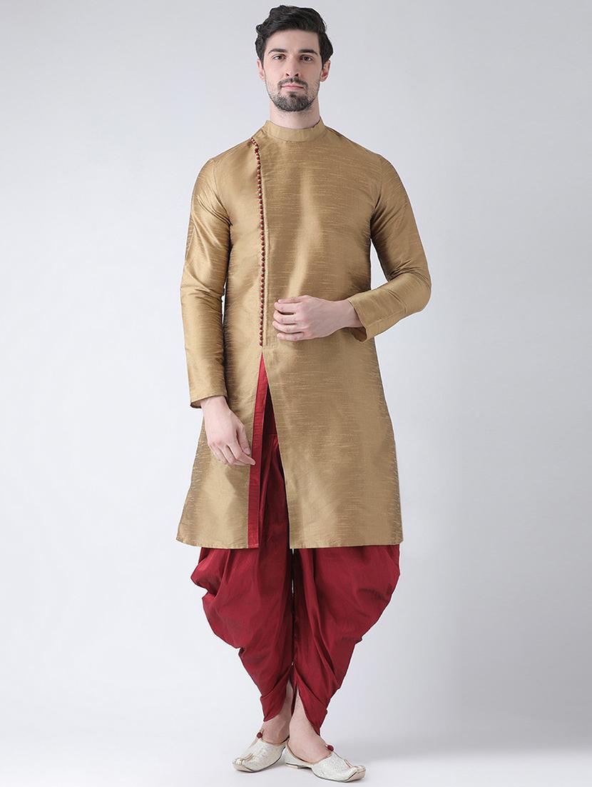 men silk blend long gold kurta - 21098545 - Zoom Image - 0