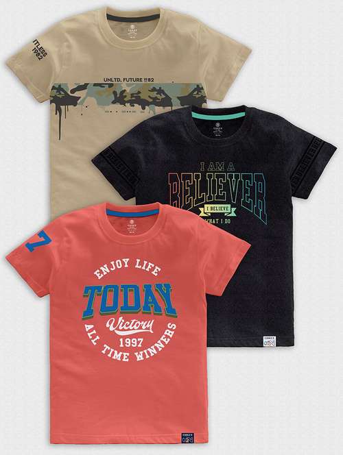Pack Of 3 Multi Colored Front Print T Shirt