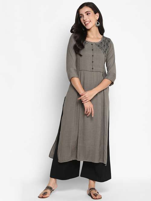 women three quarter sleeves straight kurta - 21100465 -  Standard Image - 0