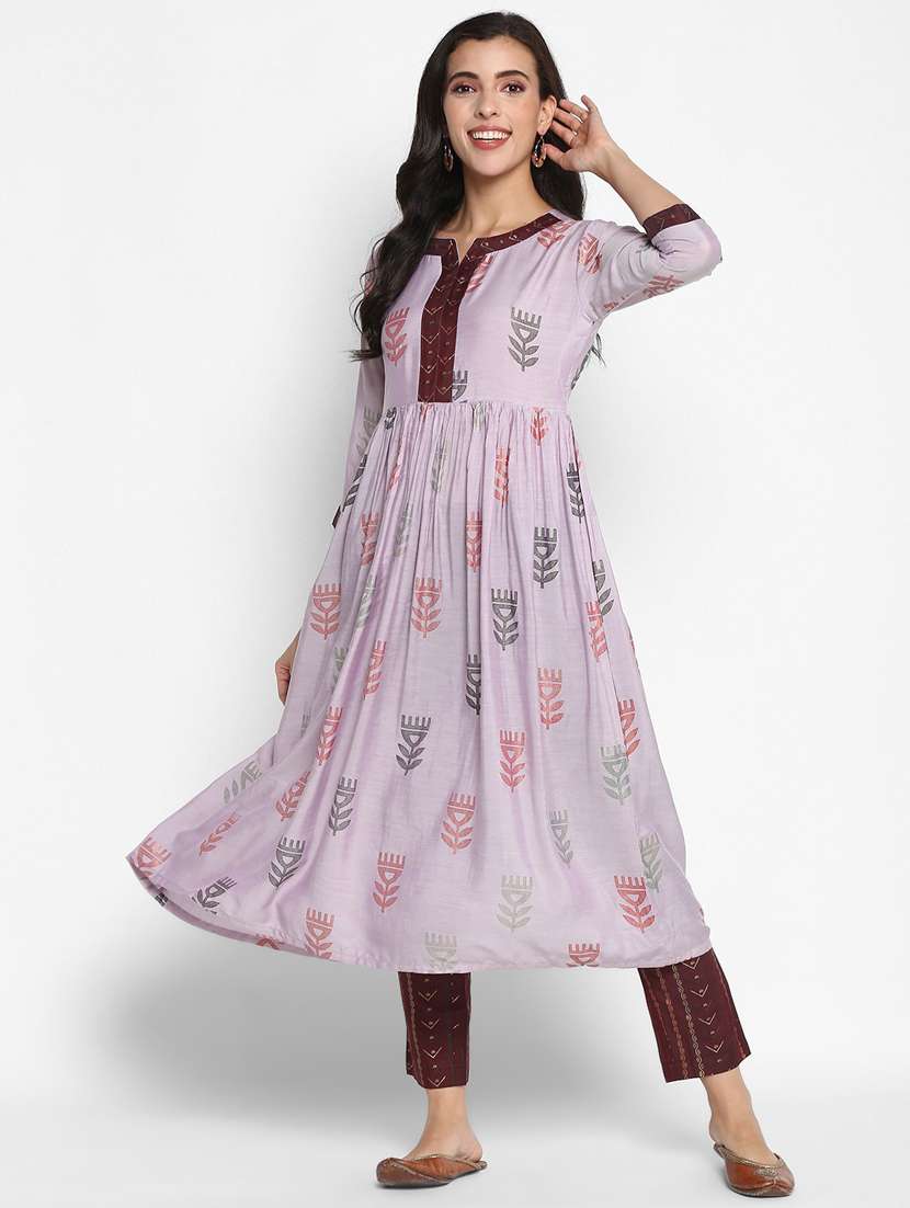 women lavender mandarin neck kurta pant set - 21100710 - Zoom Image - 0