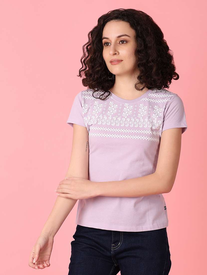 women purple printed regular t-shirt